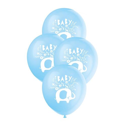 30cm Floral Elephant Baby Shower Balloons Blue 8 Pack