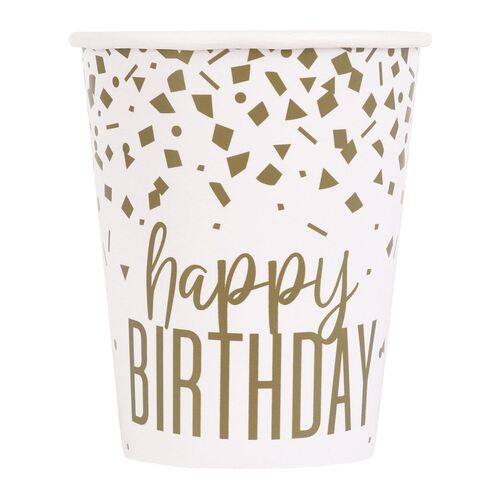 Gold Confetti Happy Birthday Paper Cups 270ml 8 Pack