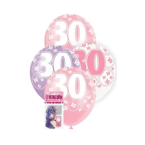 30cm Glitz Pink 30th Balloons Printed Balloons 6 Pack