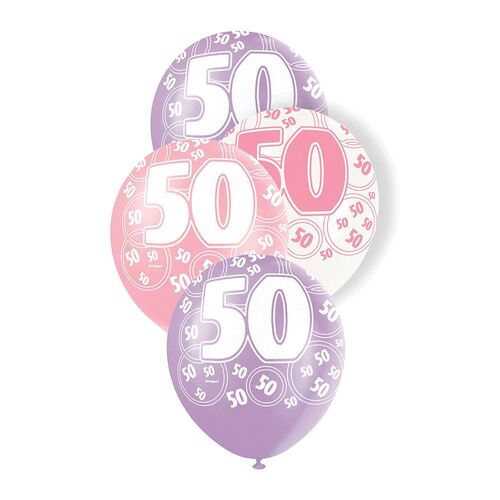 30cm Glitz Pink 50th Balloons Printed Balloons 6 Pack