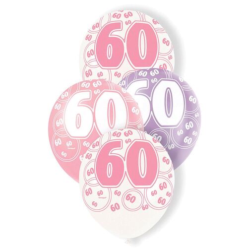 30cm Glitz Pink 60th Balloons Printed Balloons 6 Pack