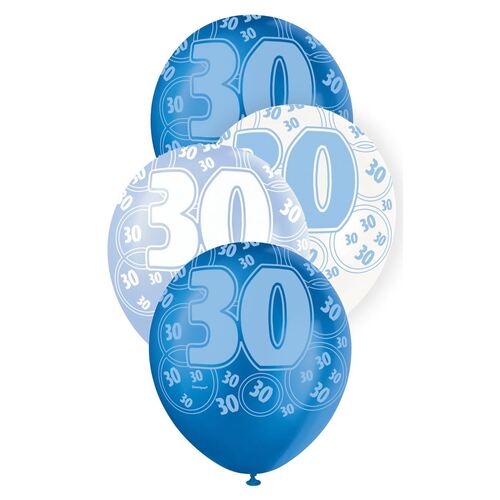 30cm Glitz Blue - 30 Printed Balloons 6 Pack
