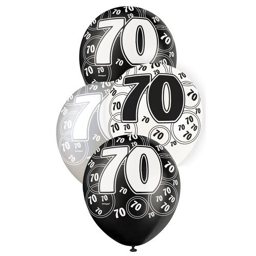 30cm Glitz Black - 70 Printed Balloons 6 Pack