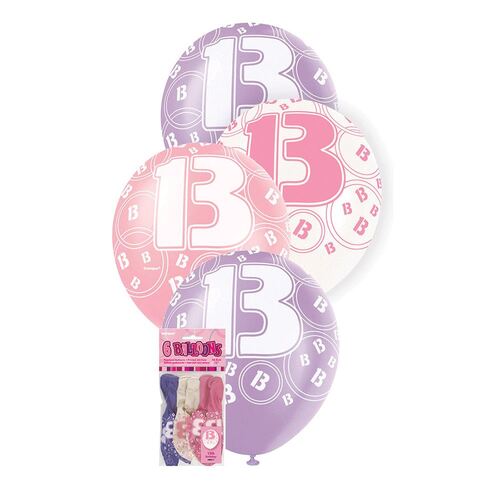 30cm Glitz Pink 13th Balloons  Printed Balloons 6 Pack