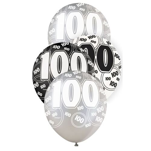 30cm Glitz Black  - 100 Printed Balloons 7 Pack