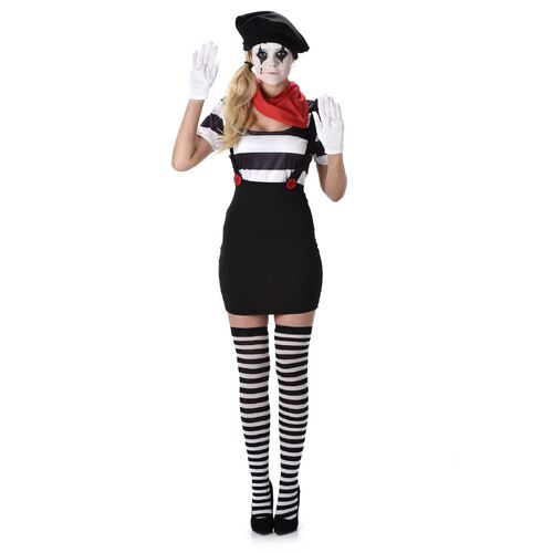 Mime Girl French Clown Circus Artist Adult Womens Dress Halloween Costume Fancy 