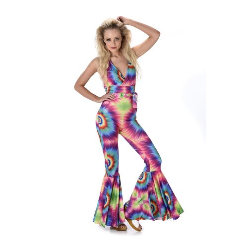 Hippie Costume Adults Ladies 60s 70s Hippy Fancy Dress Jumpsuit Tie Dye Womens