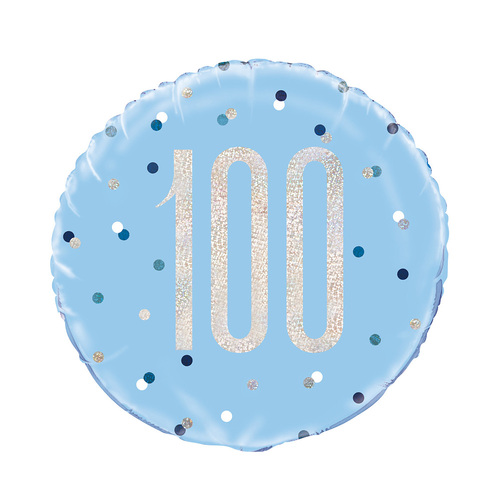 45cm Blue "100" Foil Prismatic Balloon Packaged