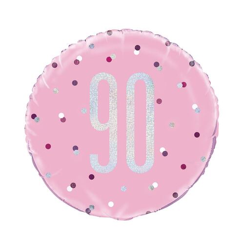 45cm Pink "90" Foil Prismatic Balloon Packaged