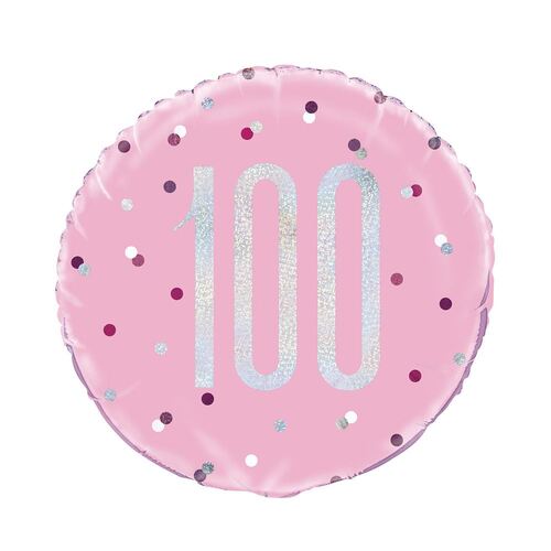 45cm Pink "100" Foil Prismatic Balloon Packaged