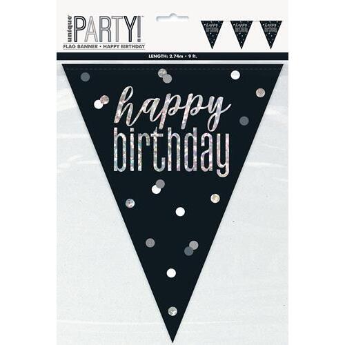 Black And Silver Prismatic Foil Flag Banner - Happy Birthday 2.74m