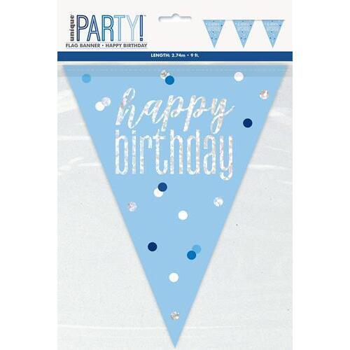 Blue Prismatic Foil Flag Banner - Happy Birthday 2.74m