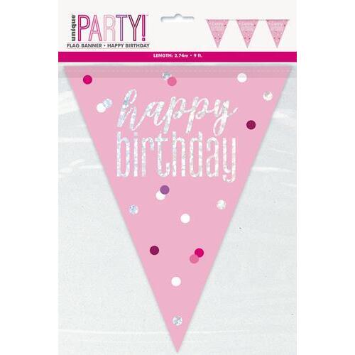 Pink Prismatic Foil Flag Banner - Happy Birthday 2.74m
