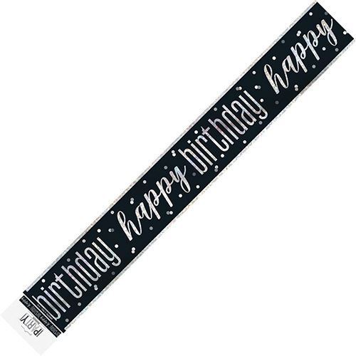 Black And Silver Happy Birthday Prismatic Foil Banner 2.74m