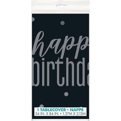 Black And Silver Happy Birthday Printed Tablecover 137cm x 213cm
