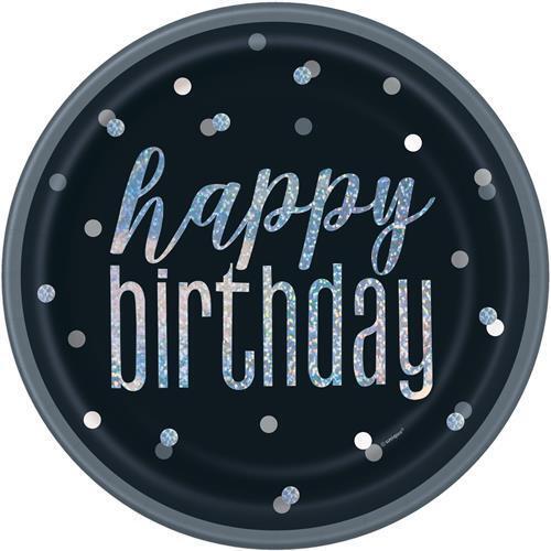 Black And Silver Happy Birthday Prismatic Paper Plates 23cm 8 Pack