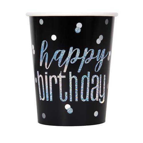 Black And Silver Happy Birthday Prismatic Paper Cups 270mL 8 Pack