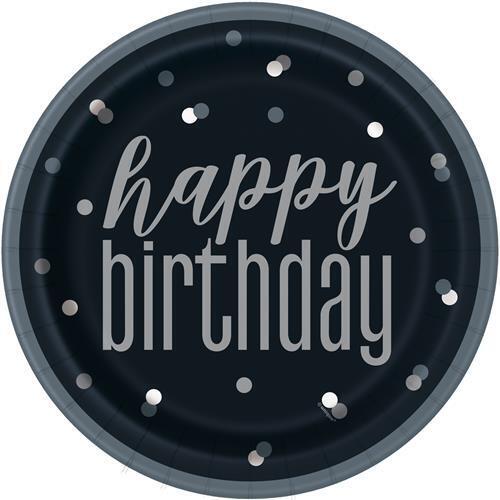 Black And Silver Happy Birthday Paper Plates 23cm 8 Pack