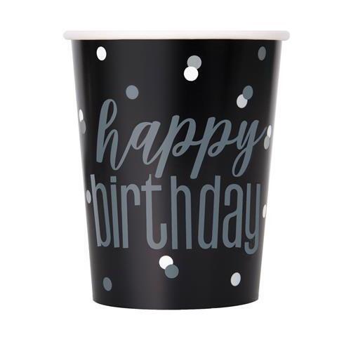 Black And Silver Happy Birthday Paper Cups 270mL 8 Pack