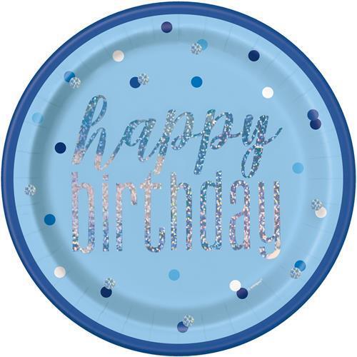 Blue Happy Birthday Prismatic Paper Plates 23cm 8 Pack