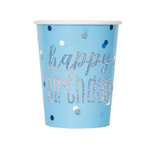Blue Happy Birthday Prismatic Paper Cups 270mL 8 Pack