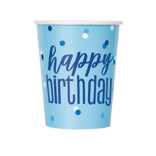 Blue Happy Birthday Paper Cups 270mL 8 Pack