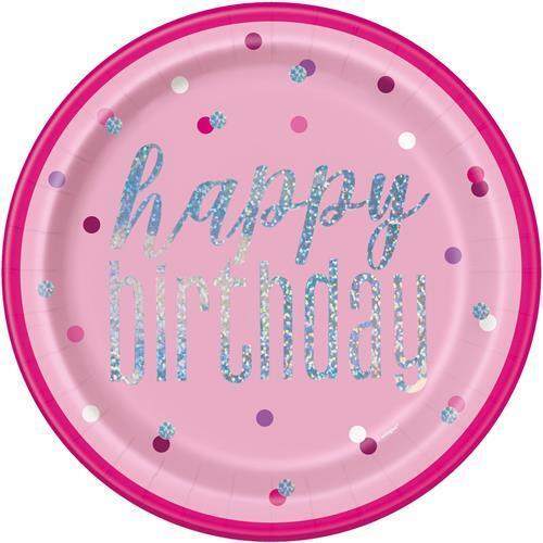 Pink Happy Birthday Prismatic Paper Plates 23cm 8 Pack