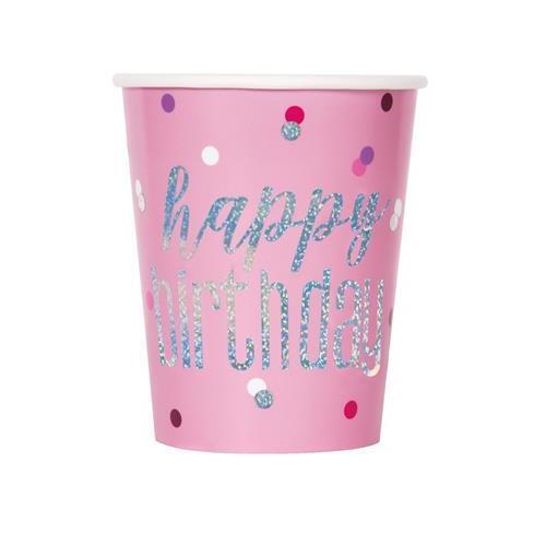 Pink Happy Birthday Prismatic Paper Cups 270mL 8 Pack