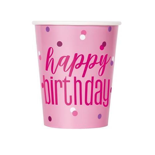 Pink Happy Birthday Paper Cups 270mL 8 Pack