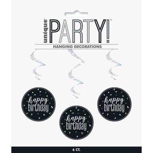 81cm Black & Silver Prismatic Hanging Swirl Decorations  - Happy Birthday 6 Pack