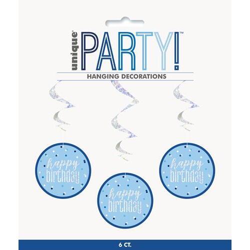 81cm Blue Prismatic Hanging Swirl Decorations - Happy Birthday 6 Pack