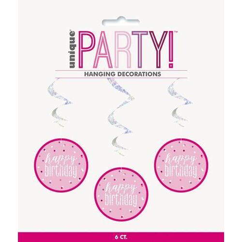 Pink 6 Prismatic Hanging Swirl Decorations  - Happy Birthday 81cm