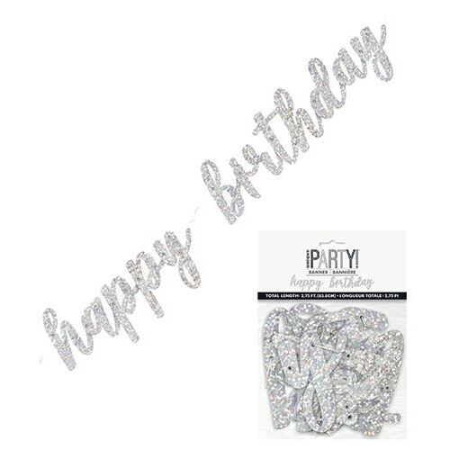 Happy Birthday Prismatic Silver Foil Script Jointed Banner 83.8cm
