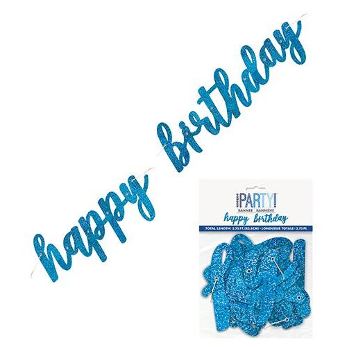 Happy Birthday Prismatic Blue Foil Script Jointed Banner 83.8cm