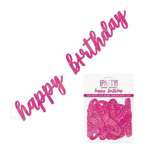 Happy Birthday Prismatic Pink Foil Script Jointed Banner 83.8cm