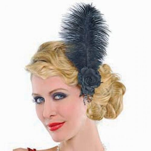 Roaring 20'S Jazzy Black Feather Hairclip & Jewels