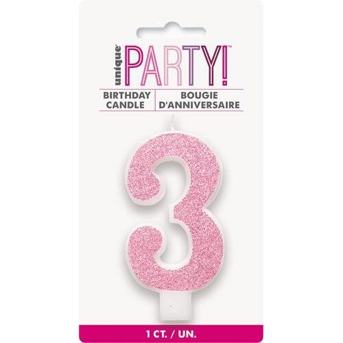 Numeral Candle 3 - Glitter Pink