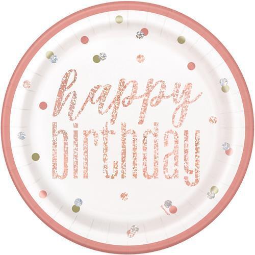  Rose Gold Happy Birthday Paper Plates 23cm 8 Pack
