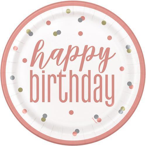 Rose Gold Happy Birthday Paper Plates 18cm 8 Pack