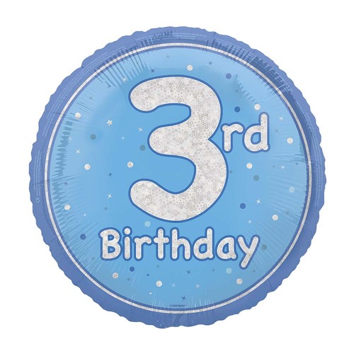 45cm Glitz Blue "3rd Birthday" Foil Prismatic Balloon Packaged