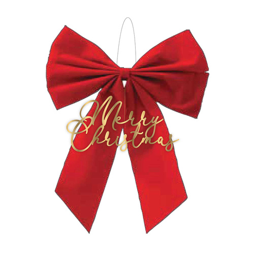 Christmas Gathered Red Bow & Merry Christmas Hanging Decoration
