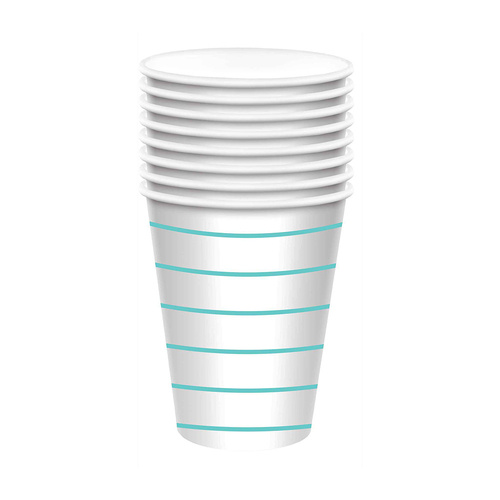 Stripe Paper Cups Robin's Egg Blue HC 266ml 8 Pack