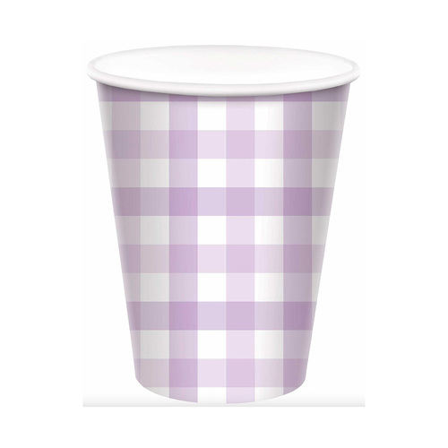 Gingham Paper Cup FSC Pastel Purple 266ml 8 Pack