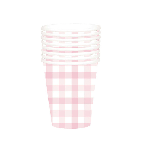 Gingham Paper Cup FSC Pastel Pink HC 266ml 8 Pack