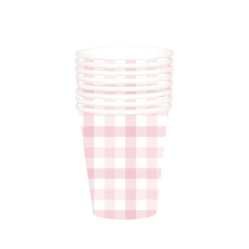 Gingham Paper Cup FSC Pastel Pink HC 266ml 8 Pack