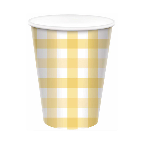 Gingham Paper Cup FSC Pastel Yellow HC 266ml 8 Pack