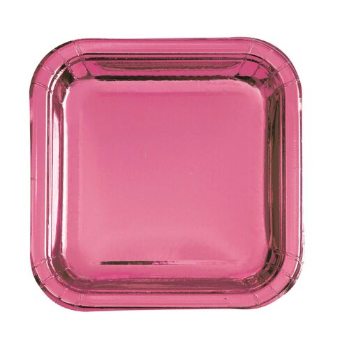 Glitz Hot Pink Foil Square Paper Plates 18cm 10 Pack
