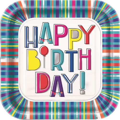 Colourful Birthday Foil Stamped Paper Plates 23cm 8 Pack