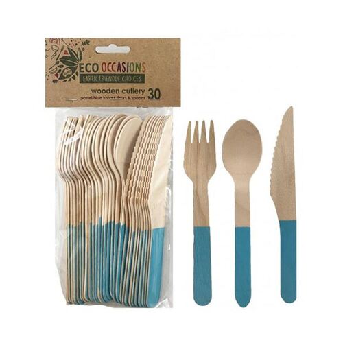Wooden Cutlery Light Blue Sets 30 Pack