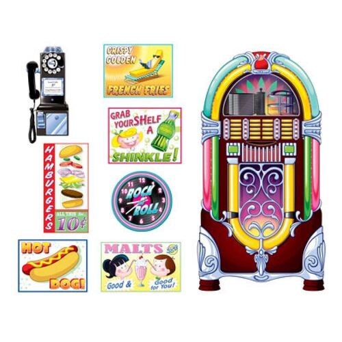 50's Soda Shop Signs & Jukebox Wall Decorations Insta-Theme Props 8 Pack